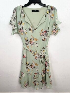 Lauren Ralph Lauren Dress Womens 4 Sage Green Floral Print Ruffle Hem Tie Waist
